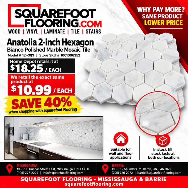 IN STOCK $10.99 2' Hexagon Bianco Polished Marble Mosaic Tile
