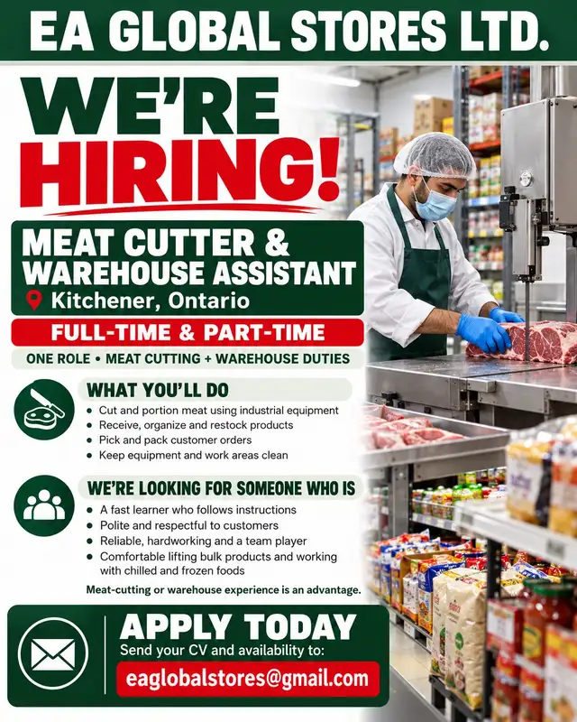 MEAT CUTTER/ WAREHOUSE STAFF NEEDED