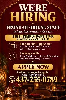 Hiring Front Desk / Customer Service Staff – Indian Restaurant i