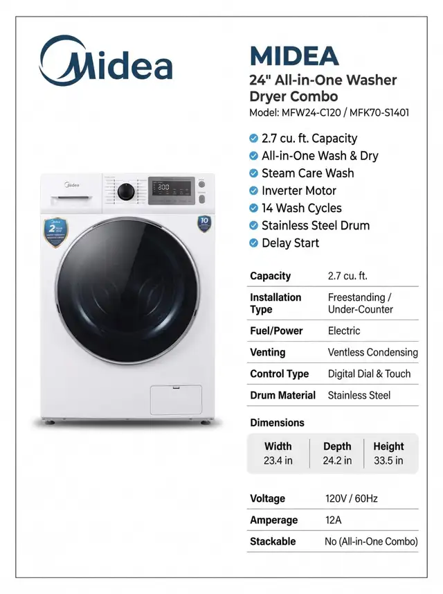 Midea 24' All-in-One Washer Dryer Combo — Ventless, Steam, 2.7 c