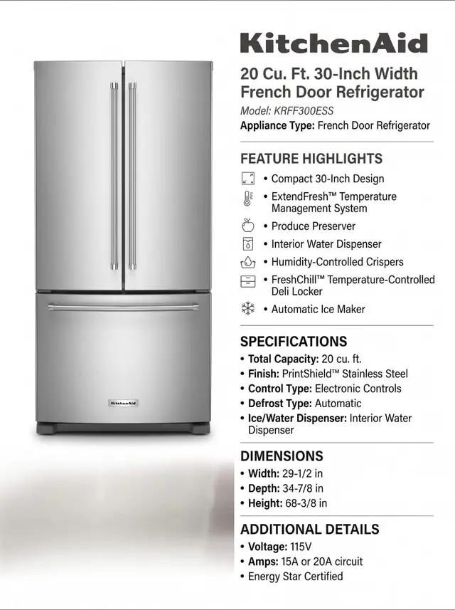 KitchenAid 30' French Door Refrigerator — 20 Cu. Ft., PrintShiel