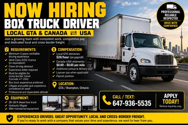 HIRING – DRIVER LOCAL GTA & CANADA–USA