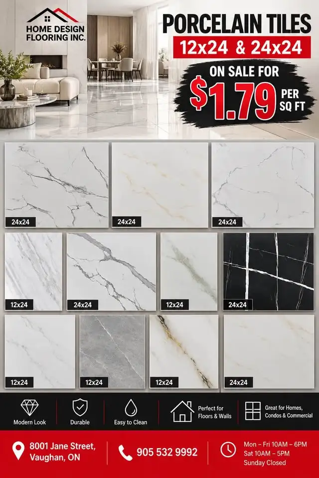 Porcelain Tiles SALE – 12x24 & 24x24 – Only $1.79/Sq Ft