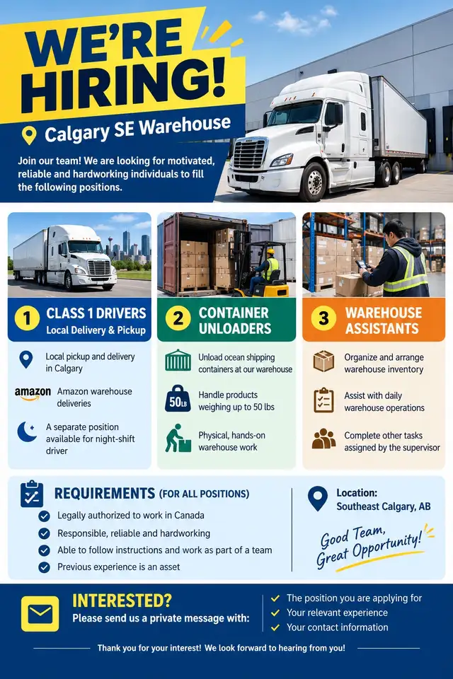 NOW HIRING – CALGARY SE WAREHOUSE