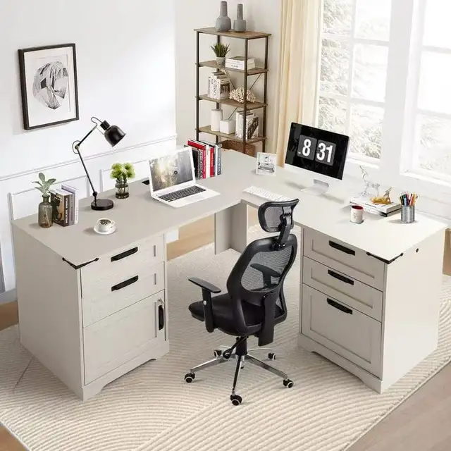 MMW 60-Inch Farmhouse L-Shaped Executive Desk with Drawers $199