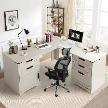 MMW 60-Inch Farmhouse L-Shaped Executive Desk with Drawers $199