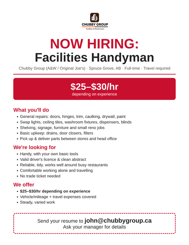 Facilities Handyman – $25–$30/hr (Spruce Grove, travel)