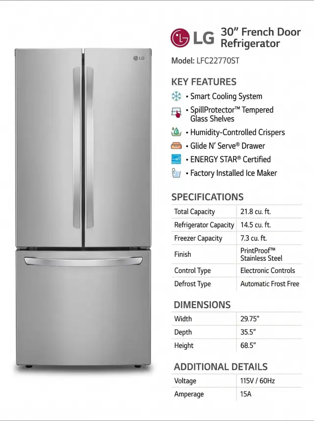 LG 30' French Door Refrigerator – 21.8 Cu Ft – Warranty