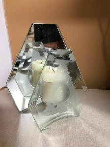 Noël: porte chandelle, verre givré gravé sapin/miroir6x5.5po 10$