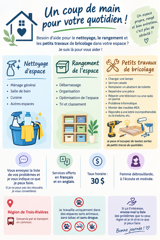 Offre service nettoyage, rangement, petits travaux de bricolage