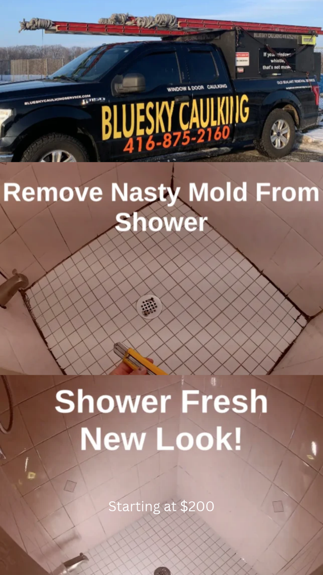 Nasty washroom recaulking service.  Bluesky Caulking $200 starts