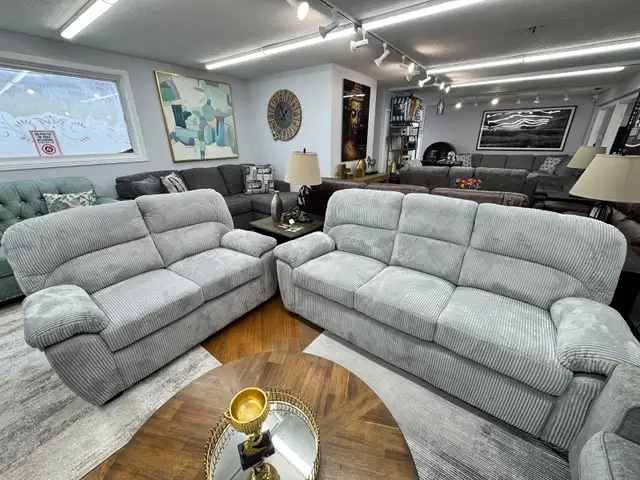 New Stationary Sofa Set In Fabric Upholstery Grey Floor Model