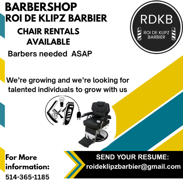 Barbershop in LaSalle Montréal, chair rentals available.
