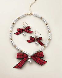 Plaid and Pearly Festive Bow Necklace and Earring Set - Photo 2