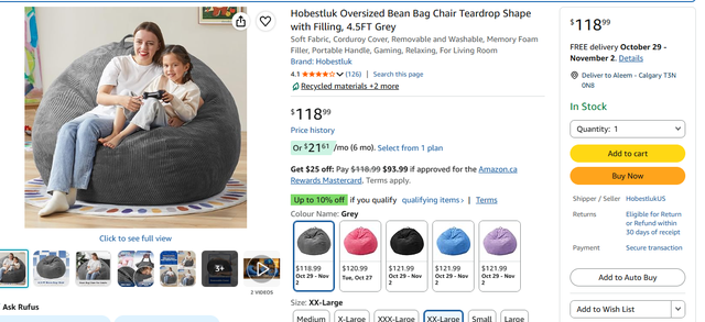 Brand New Bean Bag Chair – Grey, 4.5 FT – $60