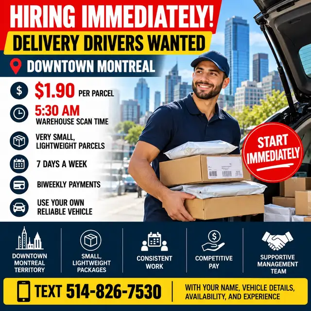 IMMEDIATELY – DELIVERY DRIVERS – DOWNTOWN MONTREAL – $1.90/PARC