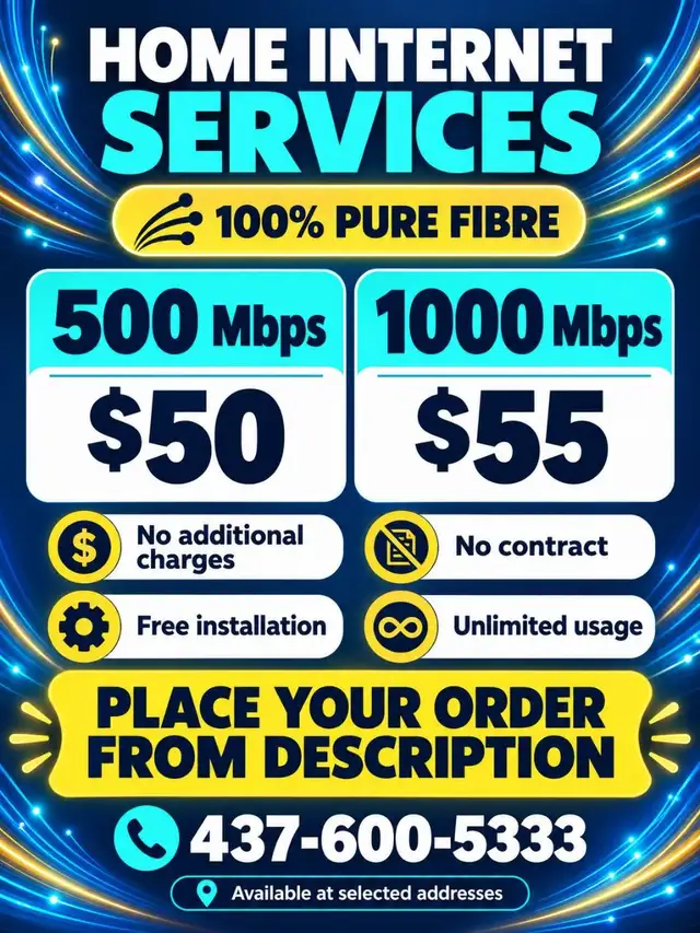 500 Mbps $50 | 1Gbps $55 | Fibre Internet