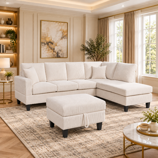 Fabric Sectional Sofa With Reversible Chaise & Ottoman in Sale