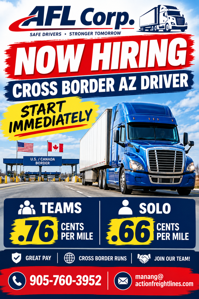 Hiring Long Haul Cross Border AZ drivers. .76 c Teams. .66 solo