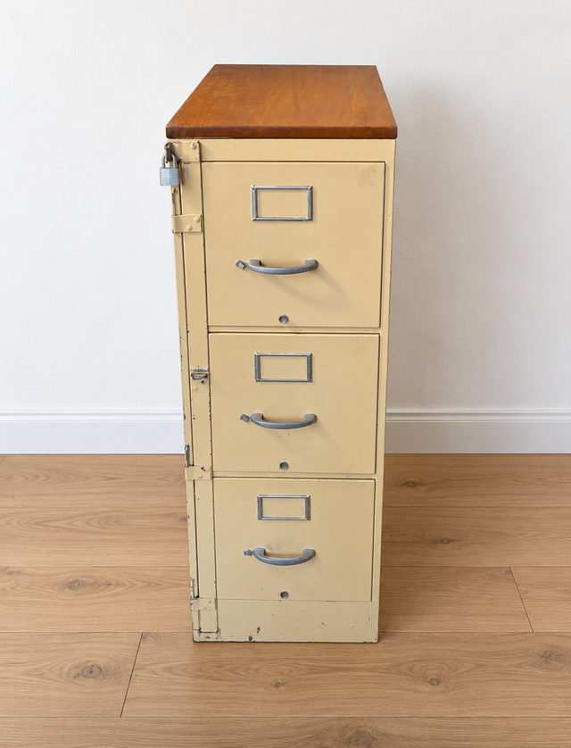 Filing cabinet, sturdy, 3 drawer, lockable, oak finish top