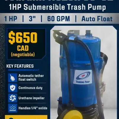 Tsurumi 3' Submersible Trash Pump – 1 HP, 61 GPM