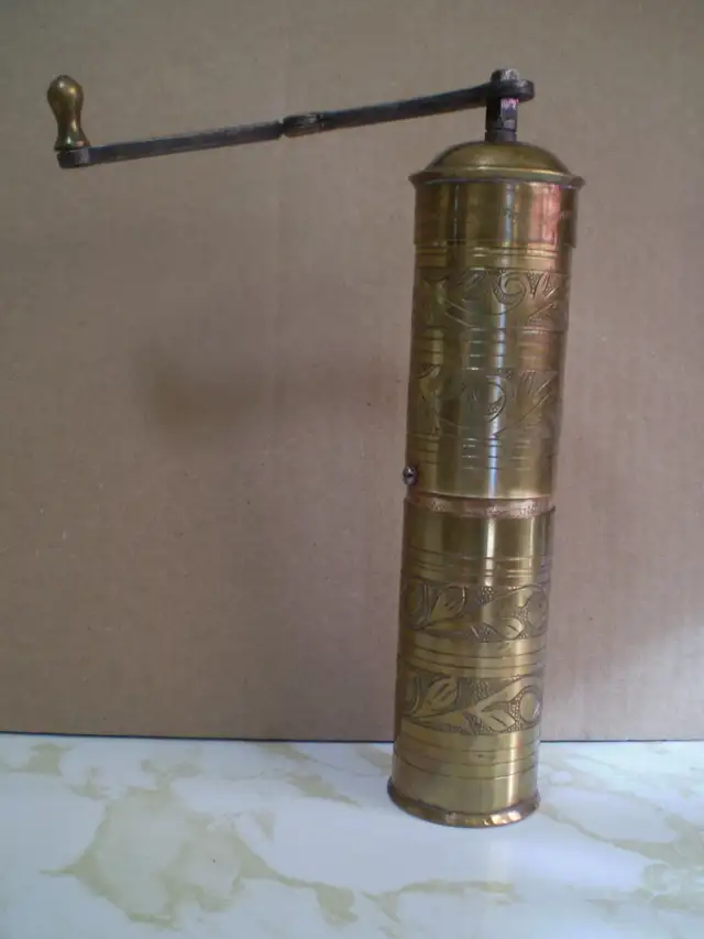 SPICE GRINDER-ENGRAVED BRASS-VINTAGE-USED-$20