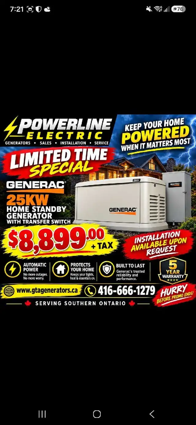 25kw generac generator  special  with transfer switch