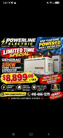 25kw generac generator  special  with transfer switch