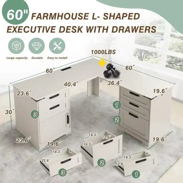 MMW 60-Inch Farmhouse L-Shaped Executive Desk with Drawers $199