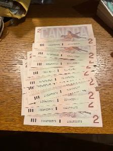 1986 Money  Can Mint Unc  2.00 bills Consecutive #