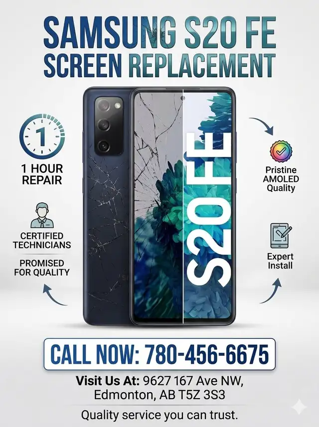SAMSUNG S20 FE BROKEN SCREEN REPLACMENT IN 1 HOUR-780-456-6675