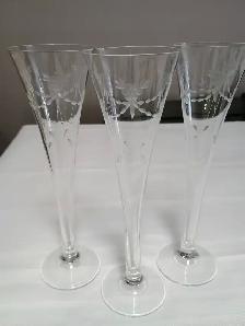 3-Vintage etched champagne flutes / cordial flutes