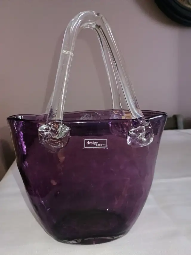 Purple Art Glass Handbag Vase / Basket by Design Society