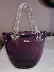 Purple Art Glass Handbag Vase / Basket by Design Society
