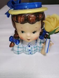 Vintage Vanguard Studios Blue Bonnet Girl Head Bud Vase 1950-196