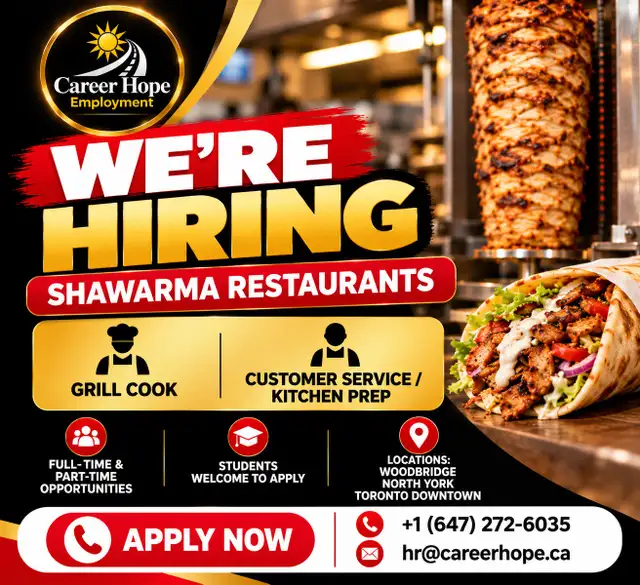 NOW HIRING: Shawarma Restaurant Staff