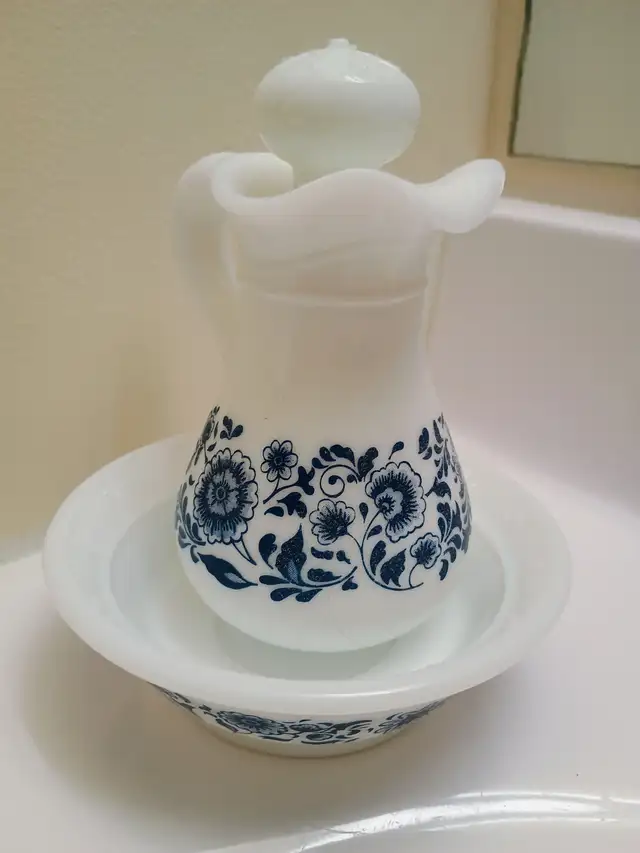 Avon Delft Blue White Milk Glass Pitcher (Decanter) & Basin Set