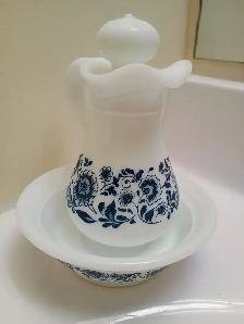 Avon Delft Blue White Milk Glass Pitcher (Decanter) & Basin Set