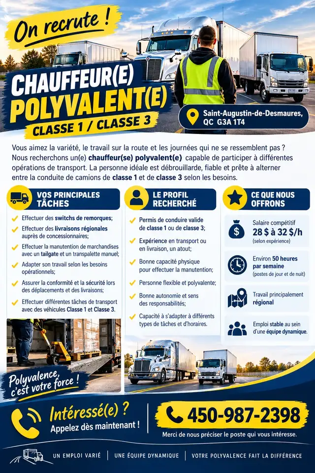 CHAUFFEUR(E) POLYVALENT(E) — CLASSE 1 / CLASSE 3