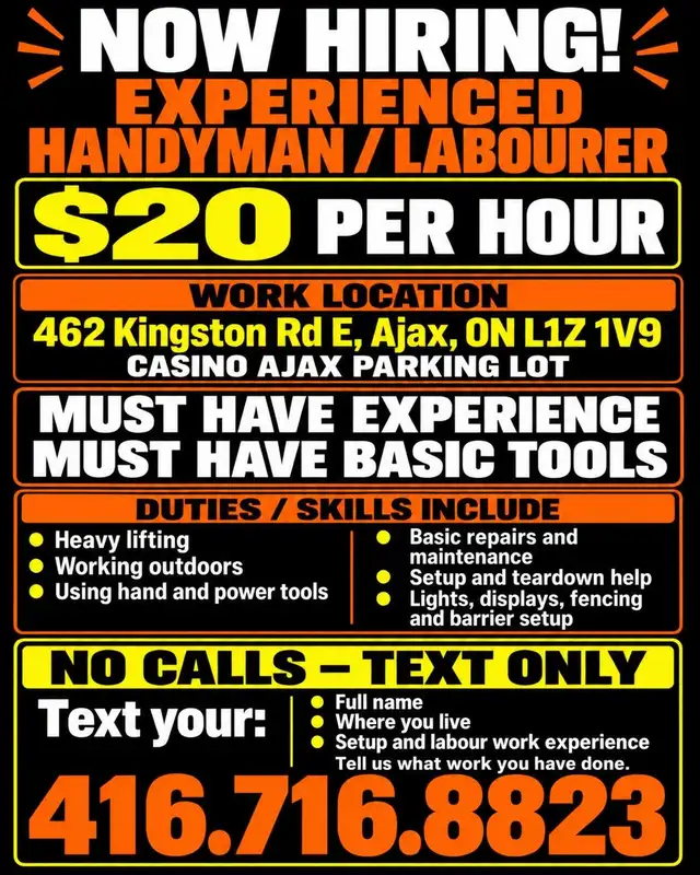 EXPERIENCED HANDYMAN / LABOURER $20 PER HOUR