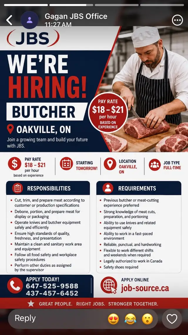 Urgently Hiring Butchers in Oakville
