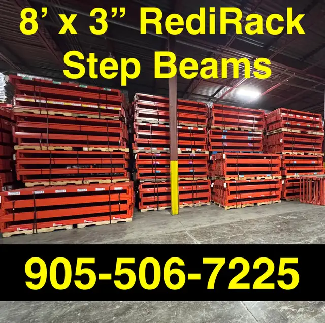 Used 8’ long x 3" thick RediRack pallet racking beams available