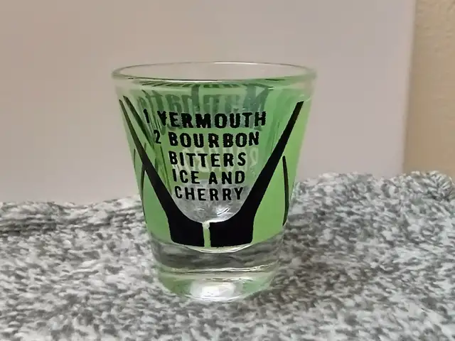 Vintage 1950's  Mid-Century Bourbon Recipe on the shot-glass.