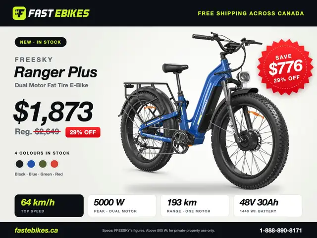 $776 OFF -FREESKY Ranger Plus M-540 AWD Fat Tire E-Bike 64 km/h