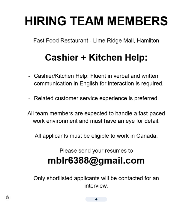 Fast Food Restaurant - Cashier/Kitchen Help