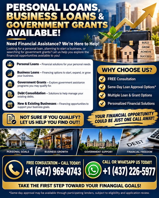 PERSONAL LOANS, BUSINESS LOANS & GOVERNMENT GRANTS AVAILABLE!