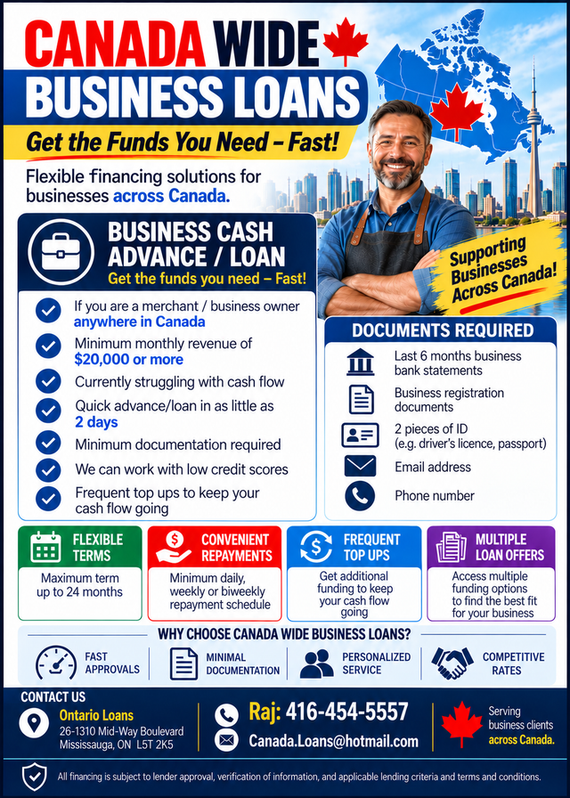 BUSINESS LOANS CANADA-WIDE | FAST FUNDING | LOW CREDIT OK