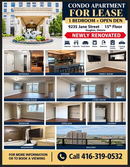 CONDO FOR RENT IN VAUGHAN - 1 BED 1 OPEN DEN