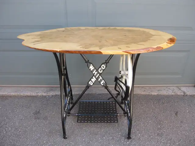 WHITE SEWING MACHINE LIVE EDGE COFFEE ENTRANCE TABLE ETC