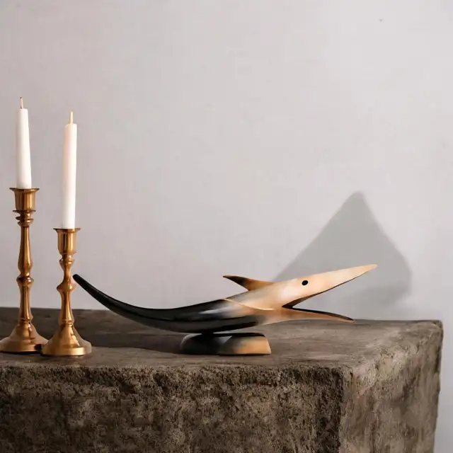 Vintage Cow Horn Whale Art Sculpture